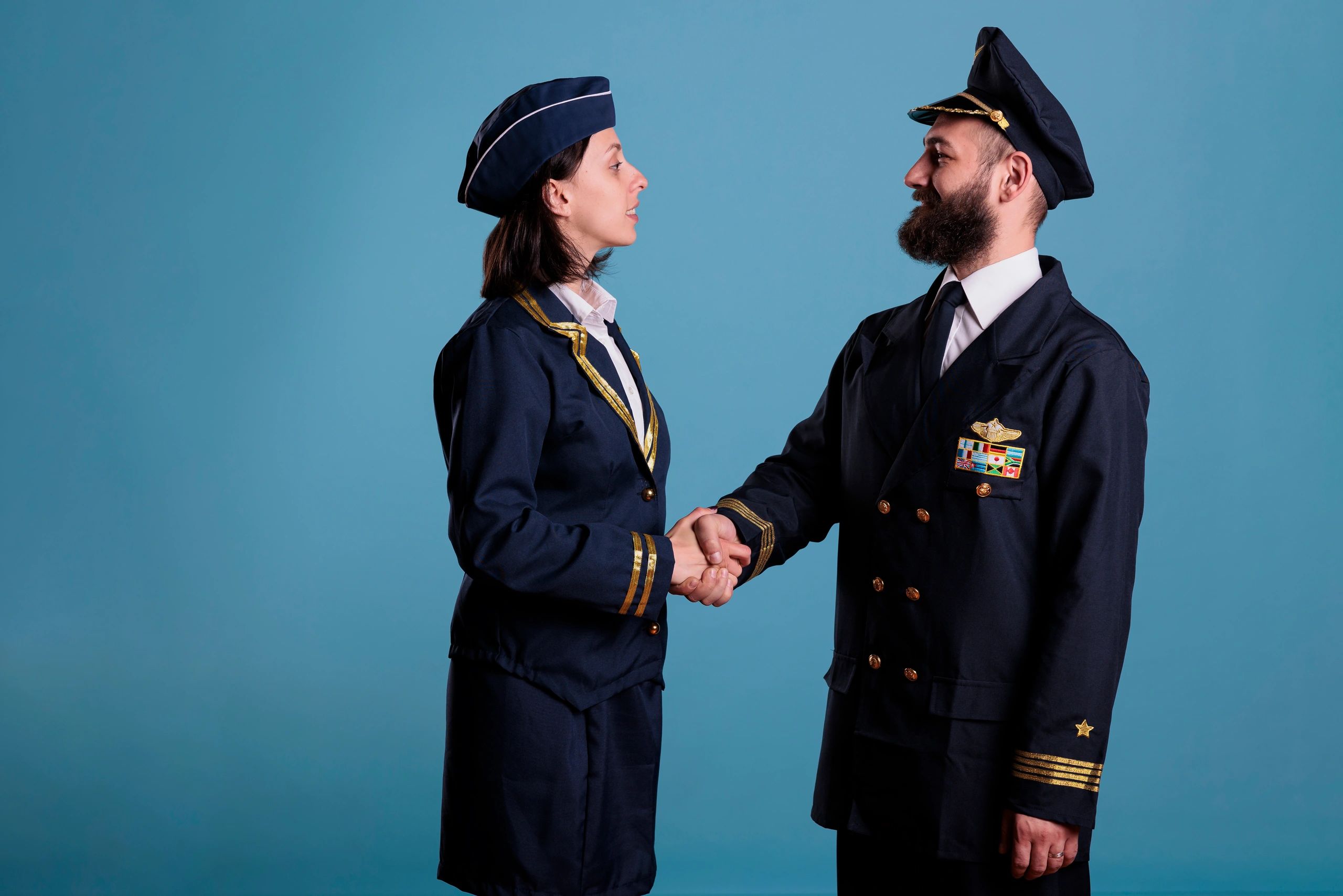 Professional aviation team greeting each other